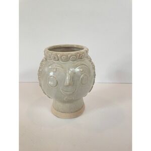 Glazed Ceramic Face Planter Pot Whimsical Smiling Head Vase Speckled Swirls